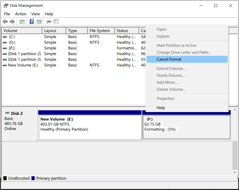 cancel format won't work in Windows 10 Disk Management