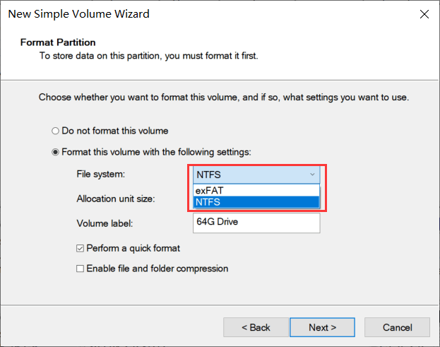 No FAT32 option when the creating a 64GB drive in Disk Management