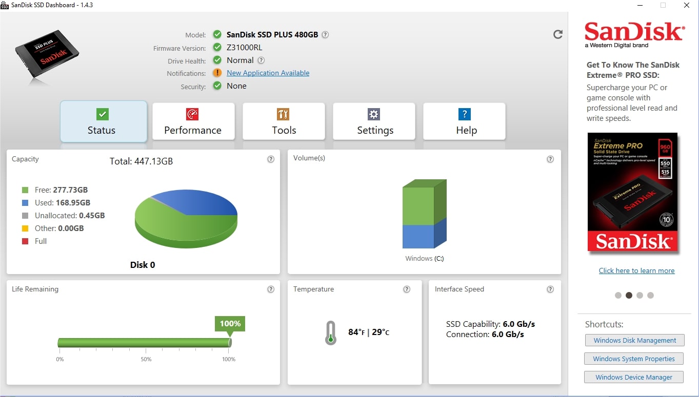 SanDisk SSD Dashboard Main interface