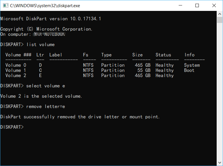 diskpart remove drive letter