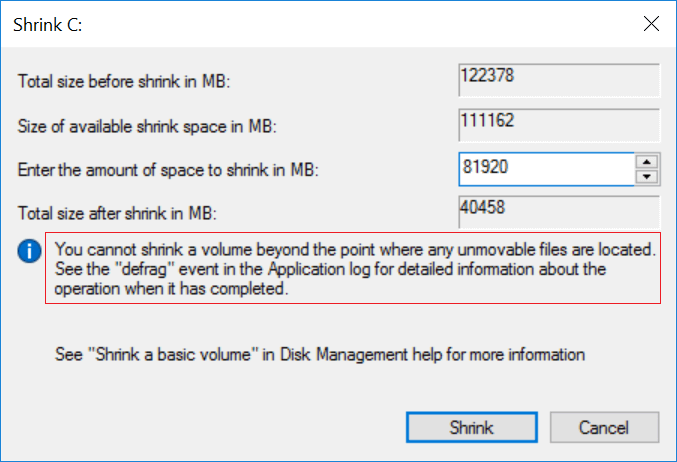 Shrink Volume won't work