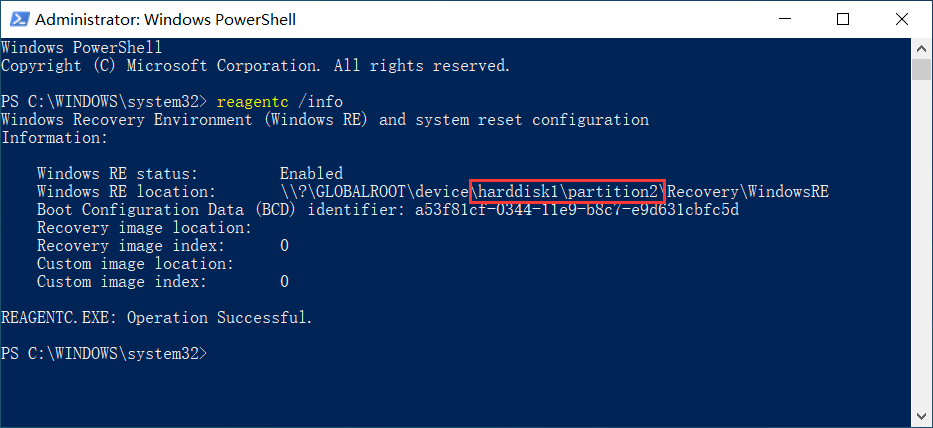 PowerShell reagentc info command to check which recovery partition is in use
