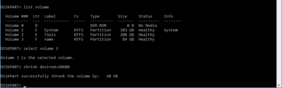 shrink command in diskpart