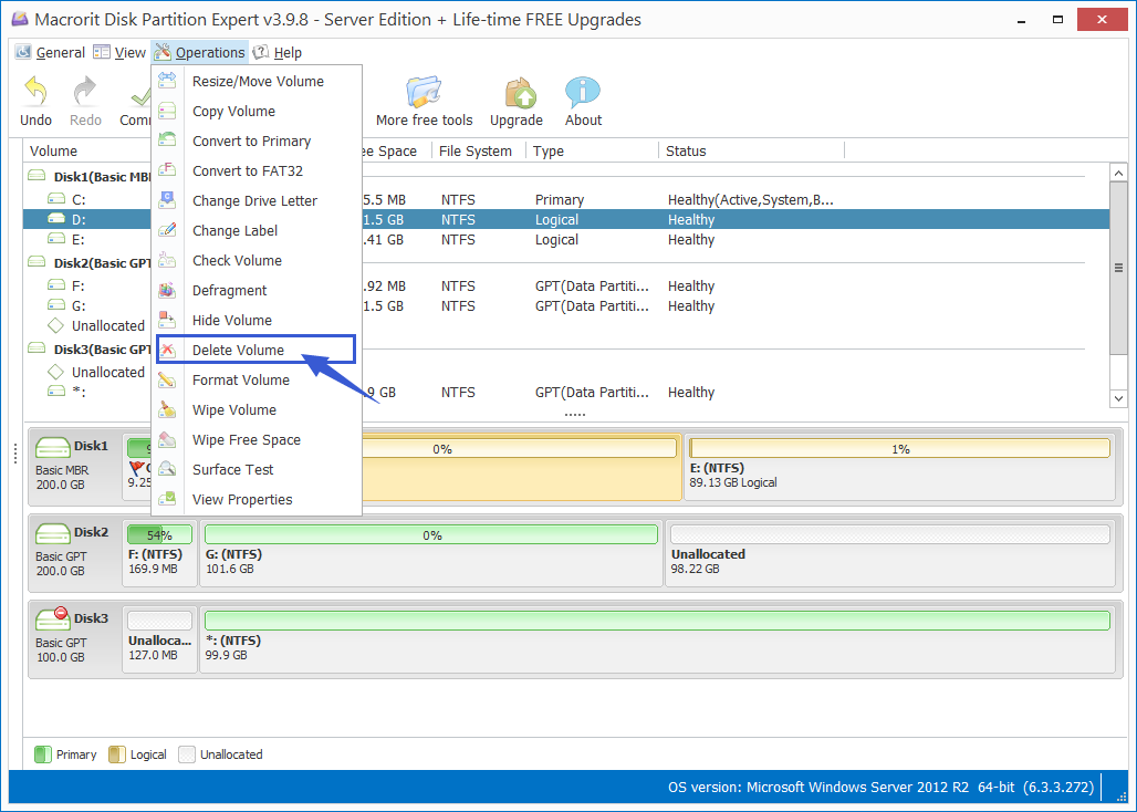 Delete a volume in Partition Expert