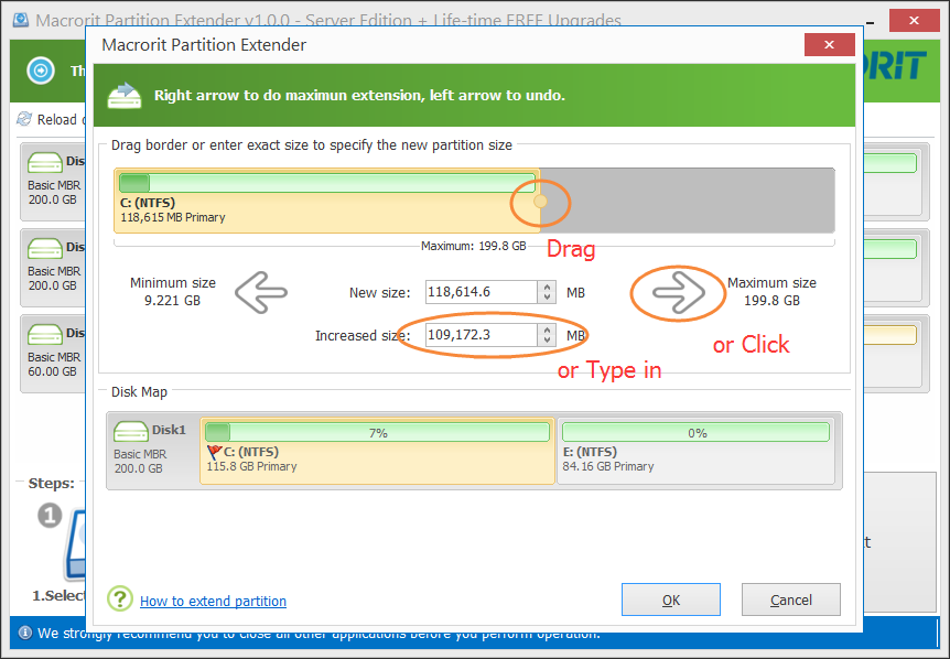 partition extender resize window