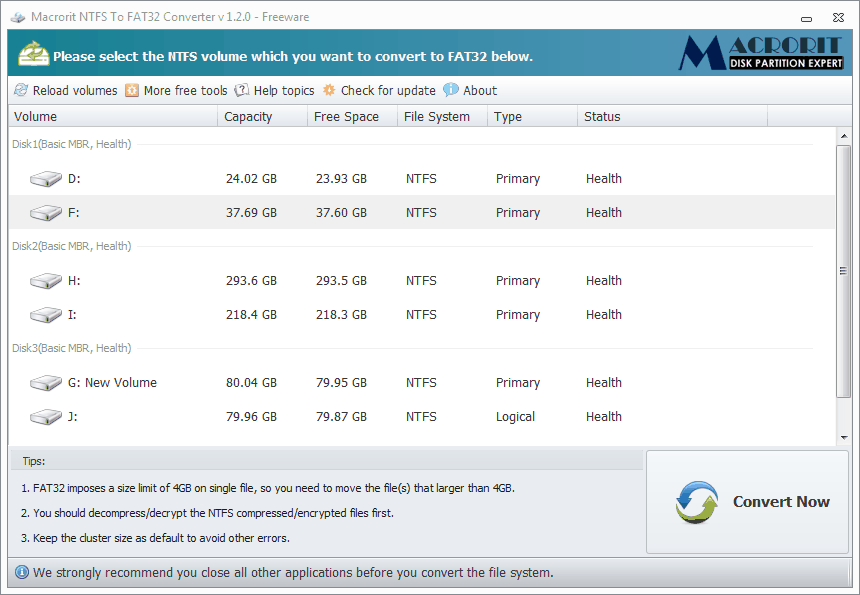 NTFS to FAT32 Converter Main Interface