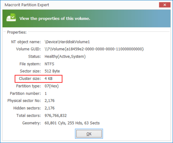 Check a partition is 512b cluster or 4k