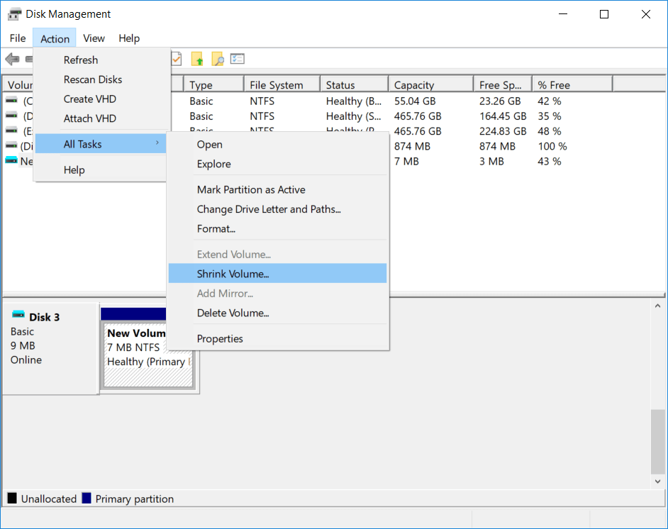 Shrink Volume in Disk Management