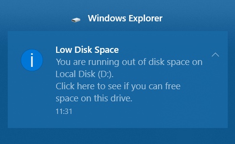 Win10 low disk space warning