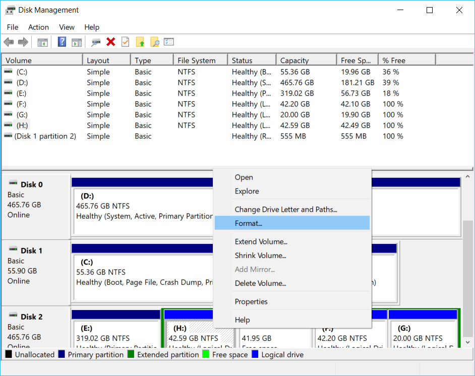 Windows 10 Disk Management Format option