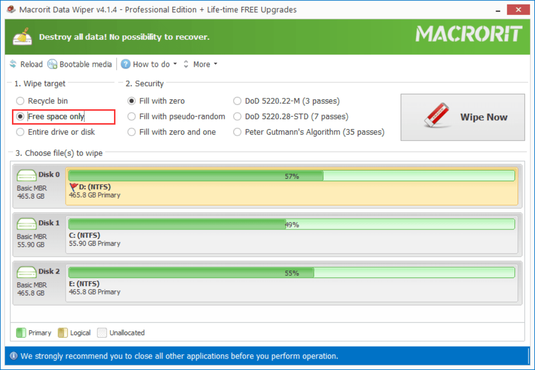 Wipe free space in Data Wiper