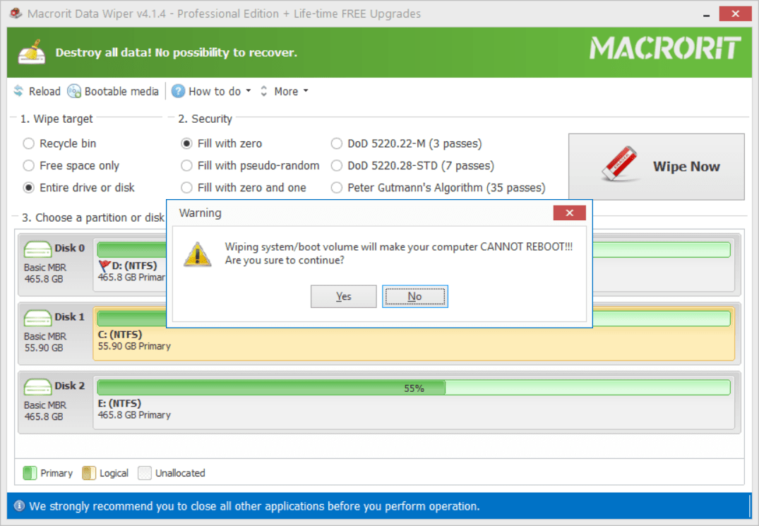 wipe system partition warning message